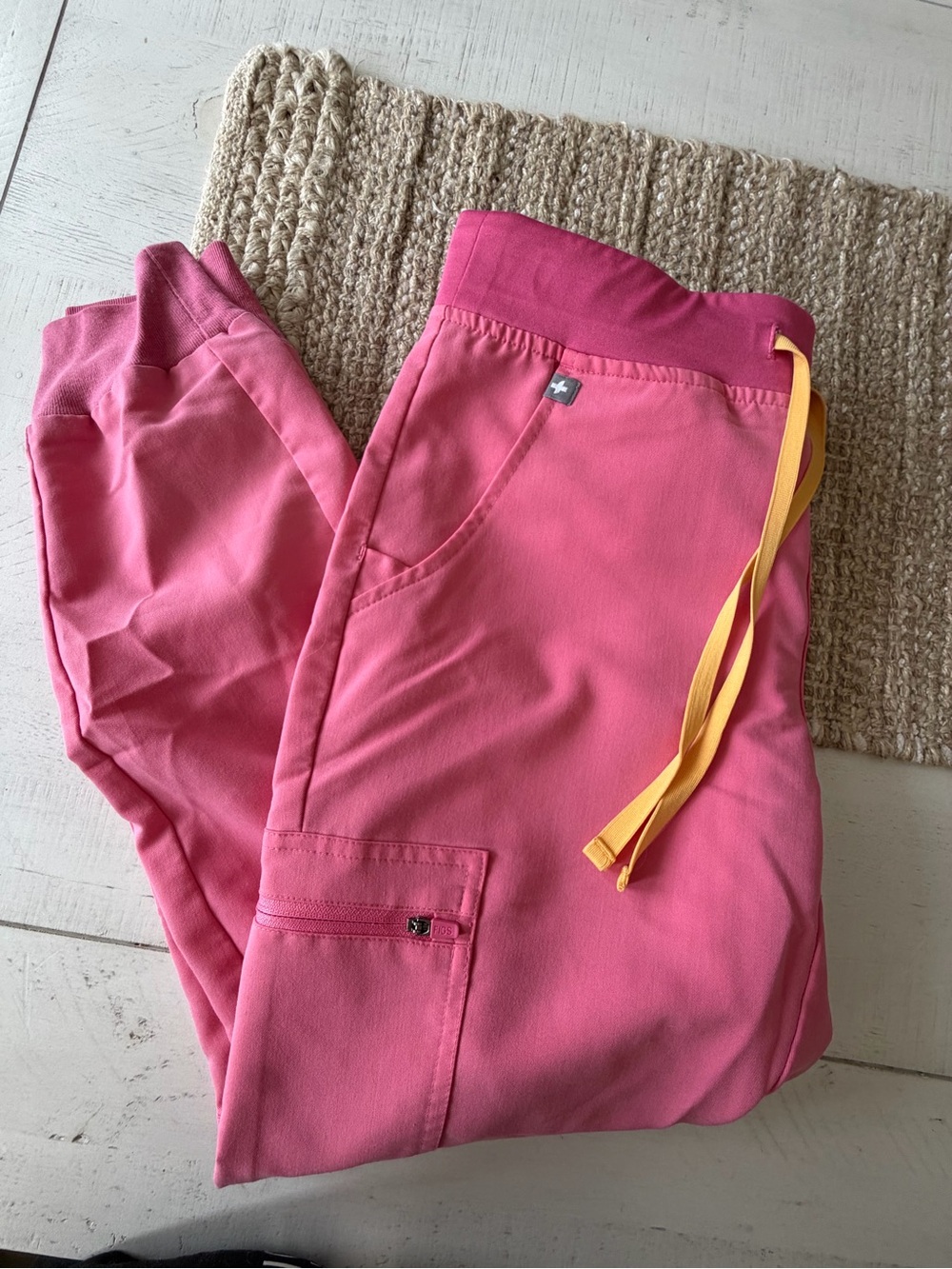 Figs Women's Pink Jogger Scrub Pants with Yellow Drawstring